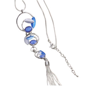 Silver Tone Long Y Tassel Necklace Blue Resin Stones